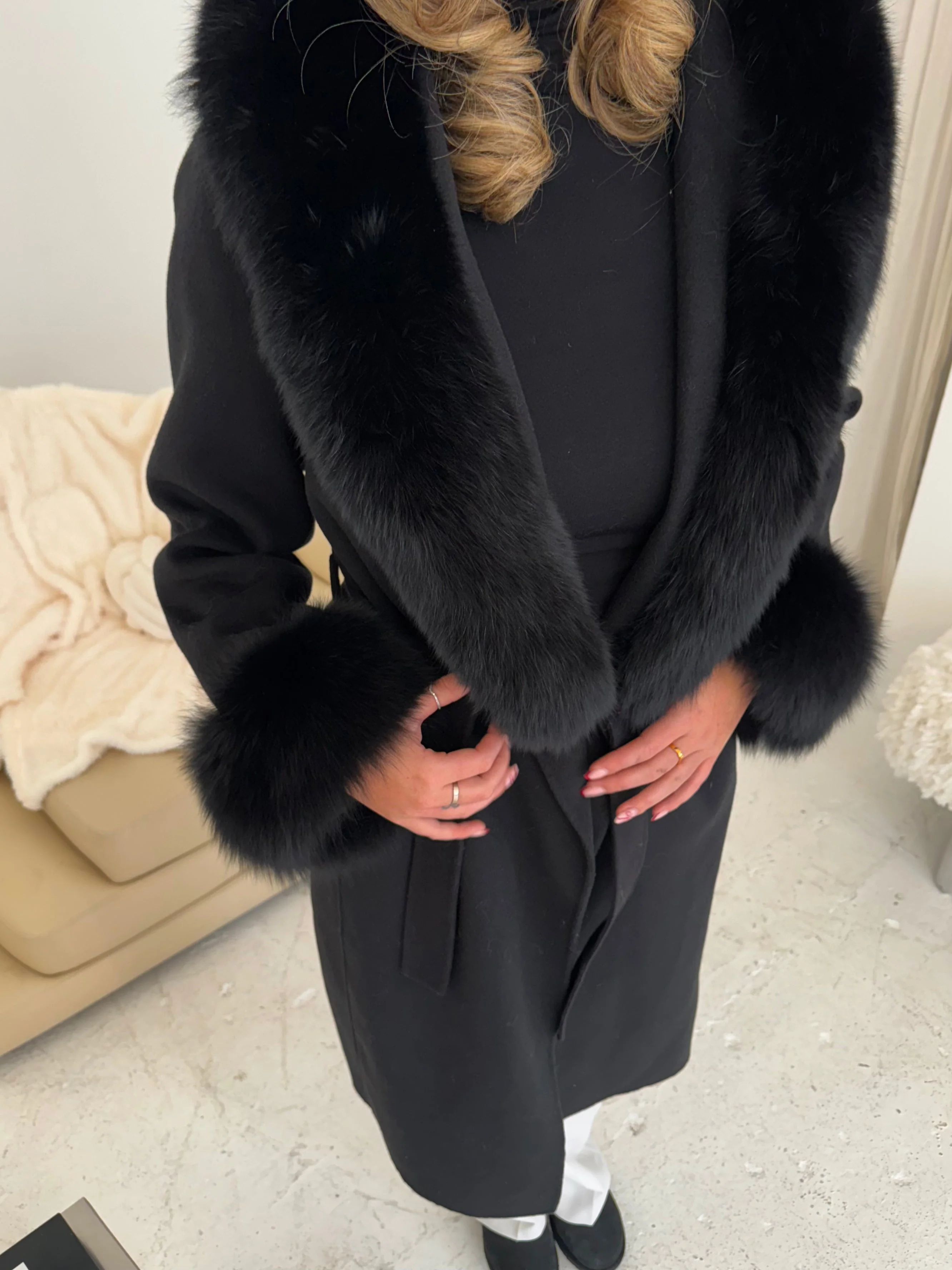 Fur Collar & Cuffs Long Cashmere Coat - Image 3