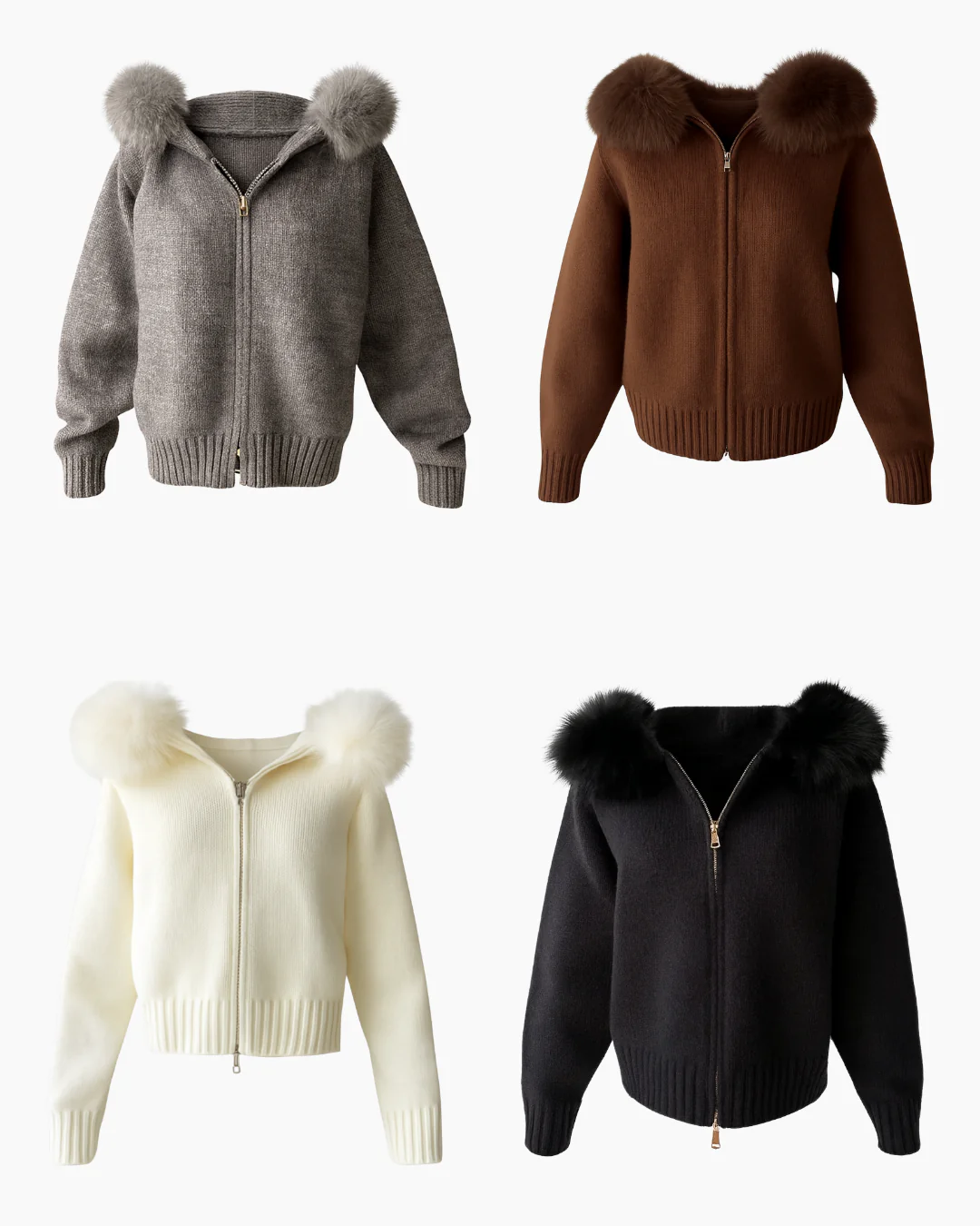 Knitted Zipped Hoodie with Fur Hood - Winter White - Image 3
