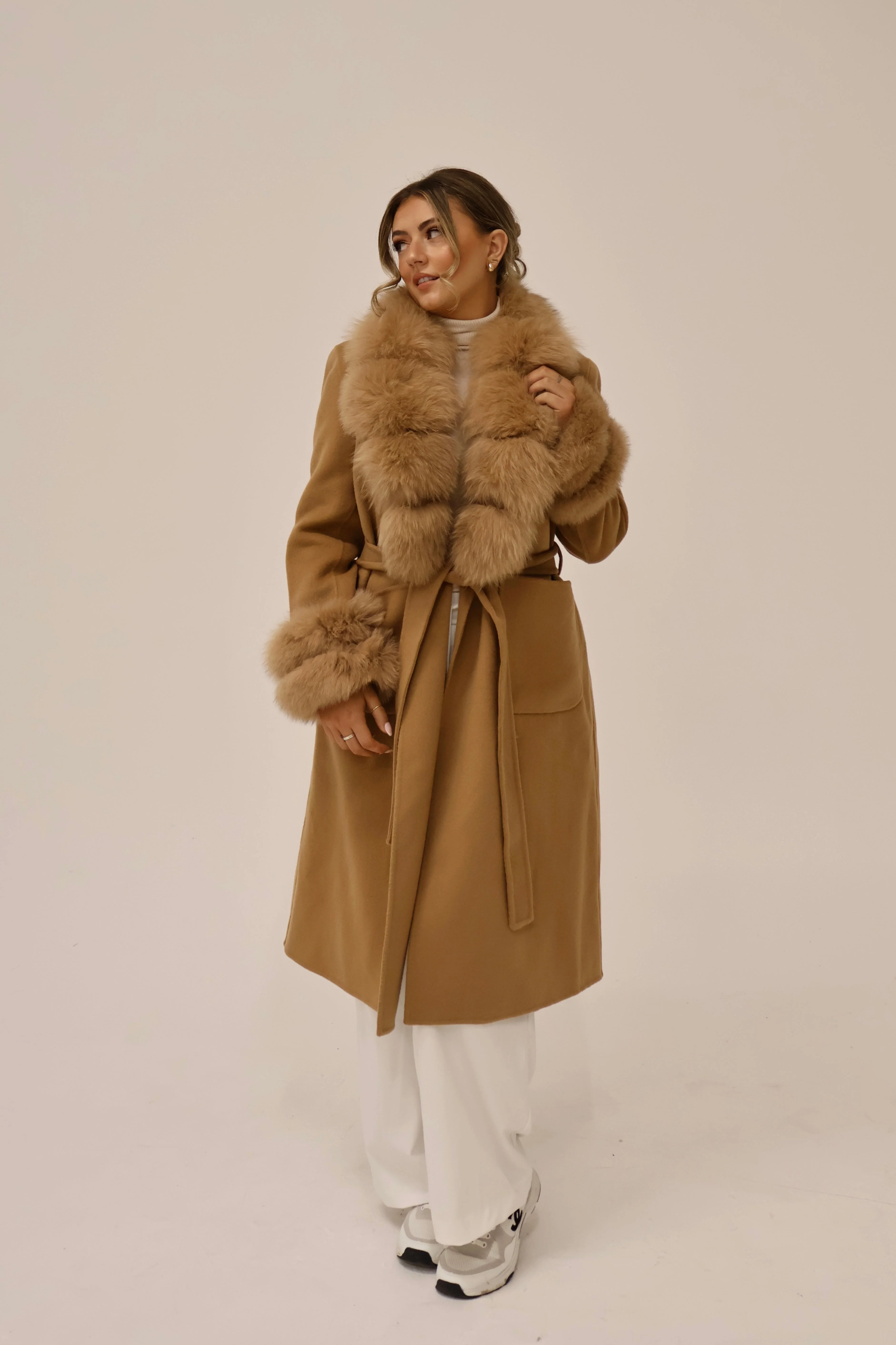 Long Cashmere Coat with Fur Collar & Cuffs - Camel - Image 3