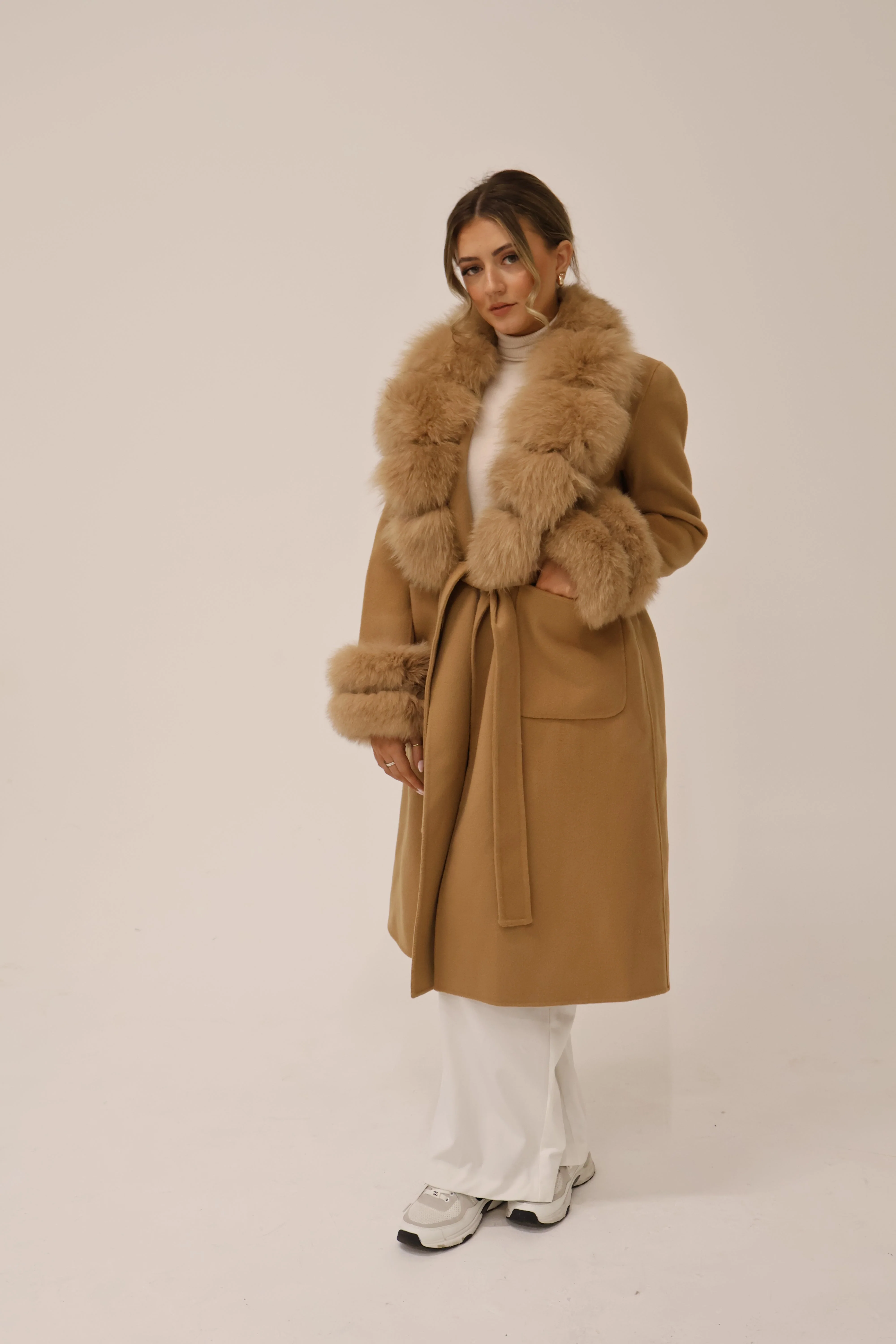 Long Cashmere Coat with Fur Collar & Cuffs - Camel - Image 5